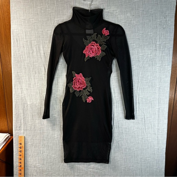 love J Dresses & Skirts - Love J Black Mesh Mini Dress Long Sleeve Pink Rose Embroidery Mock Neck Small